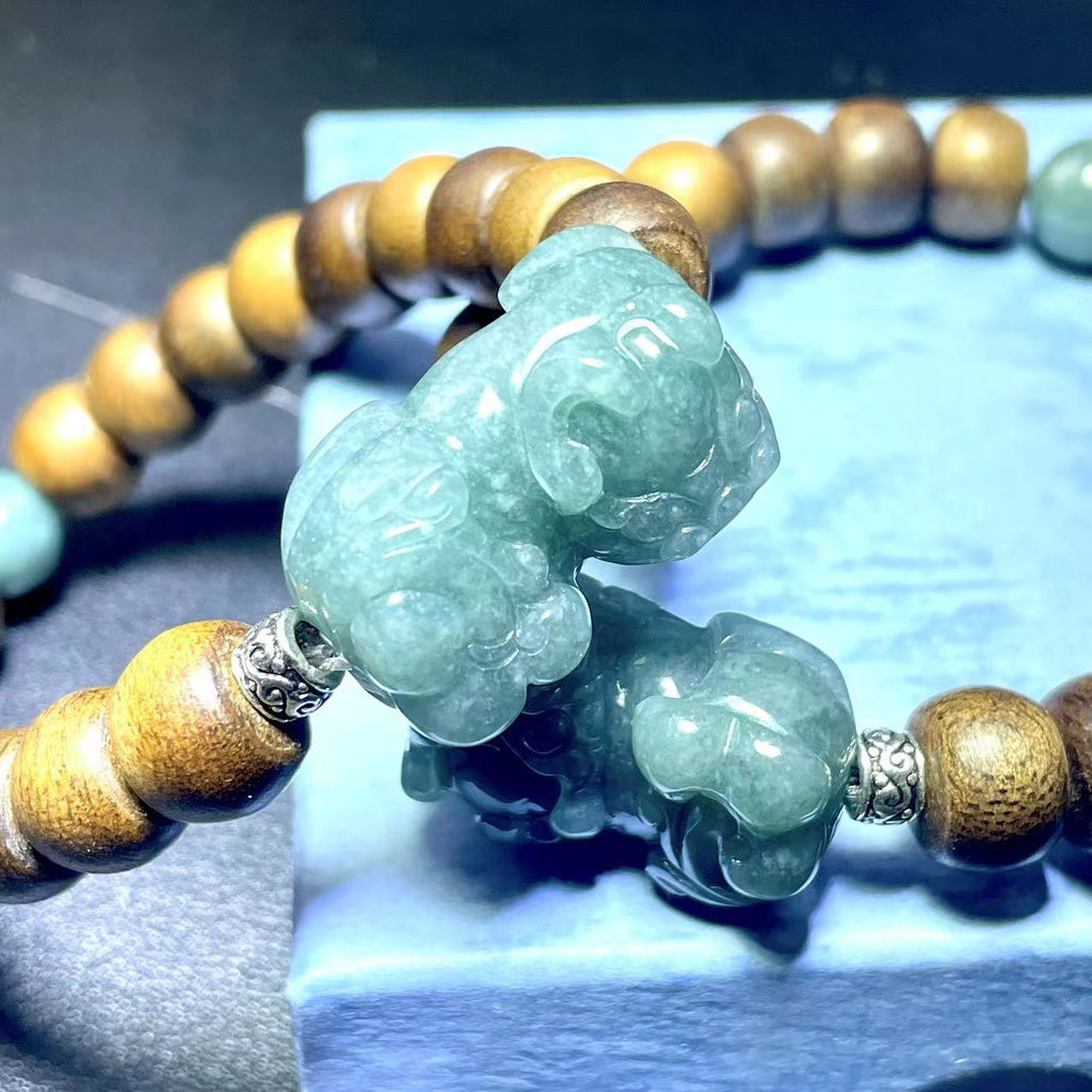 Blue Water Jadeite PiXiu with Agarwood beaded Bracelet – Positive Energy Infused Jewelry /Agalloch/Gift for Christmas