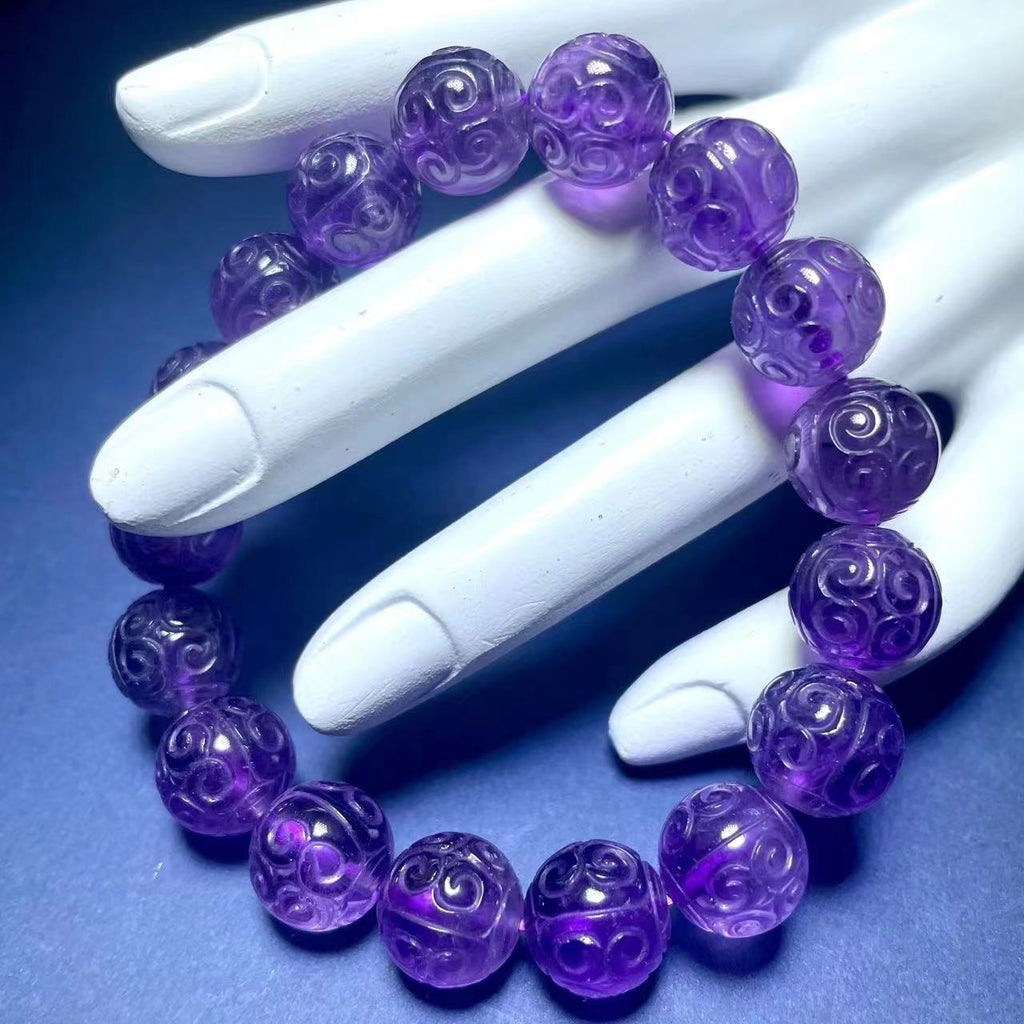 Amethyst Fret Bead Bracelet 10 mm Round Luck Cloud Carved Charm Beads crystal healing natural stone February birthstone gemstone jewellery