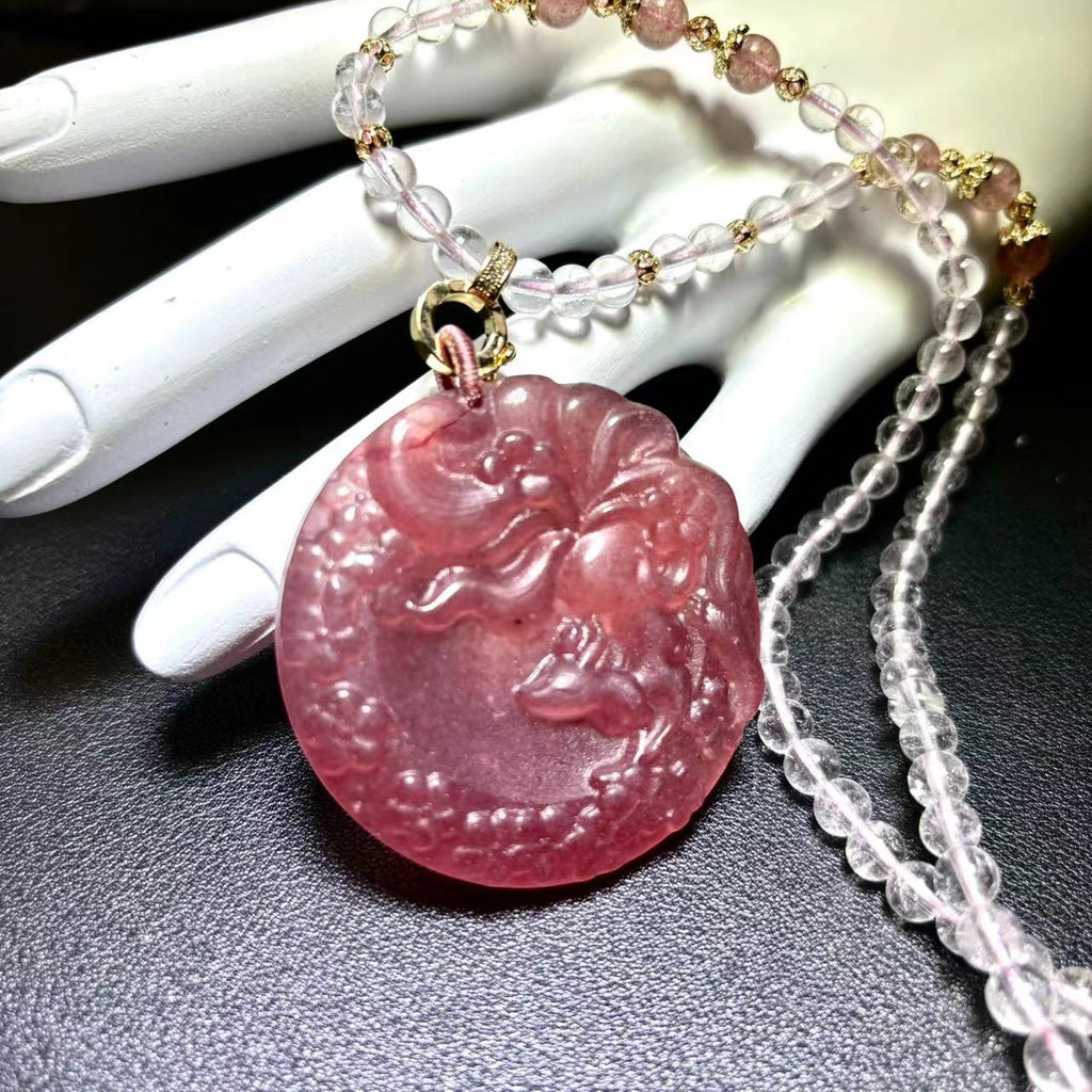 Strawberry Nine-tail Fox Magic Pendant with Rose Quartz and Strawberry Quartz Beaded Chain Necklace Gift for Her, Gift for Christmas