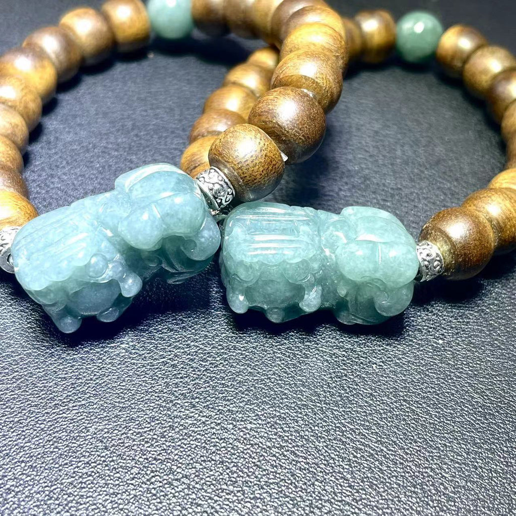 Blue Water Jadeite PiXiu with Agarwood beaded Bracelet – Positive Energy Infused Jewelry /Agalloch/Gift for Christmas