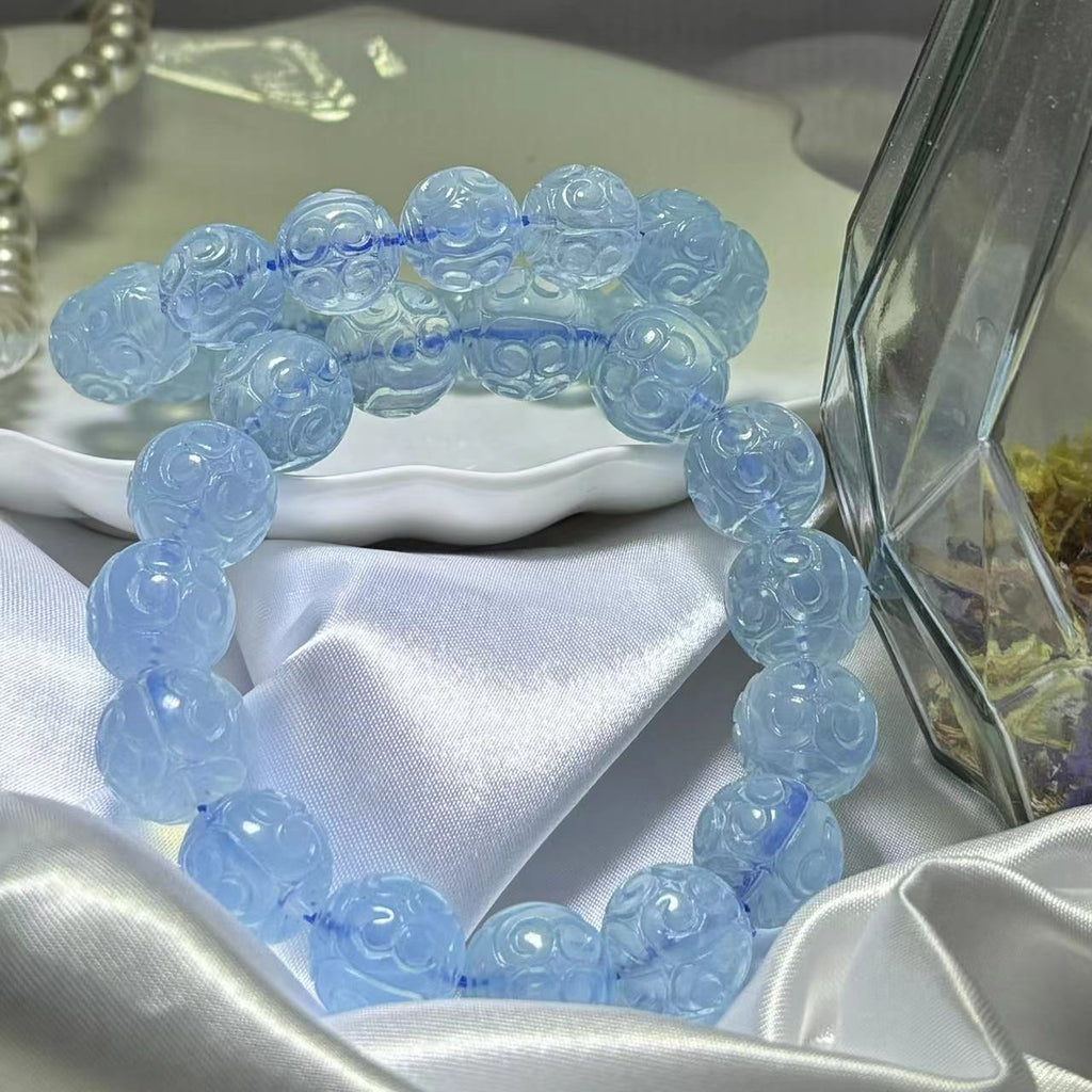 High Quality Blue Aquamarine Fret Carved Beads 12-14 mm Natural Genuine Bracelet/ Christmas Gift / Gift for Her or Him