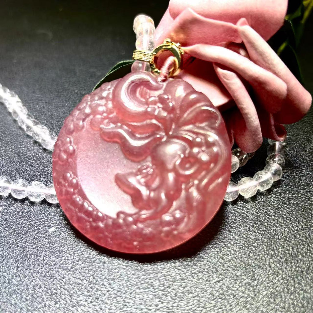 Strawberry Nine-tail Fox Magic Pendant with Rose Quartz and Strawberry Quartz Beaded Chain Necklace Gift for Her, Gift for Christmas