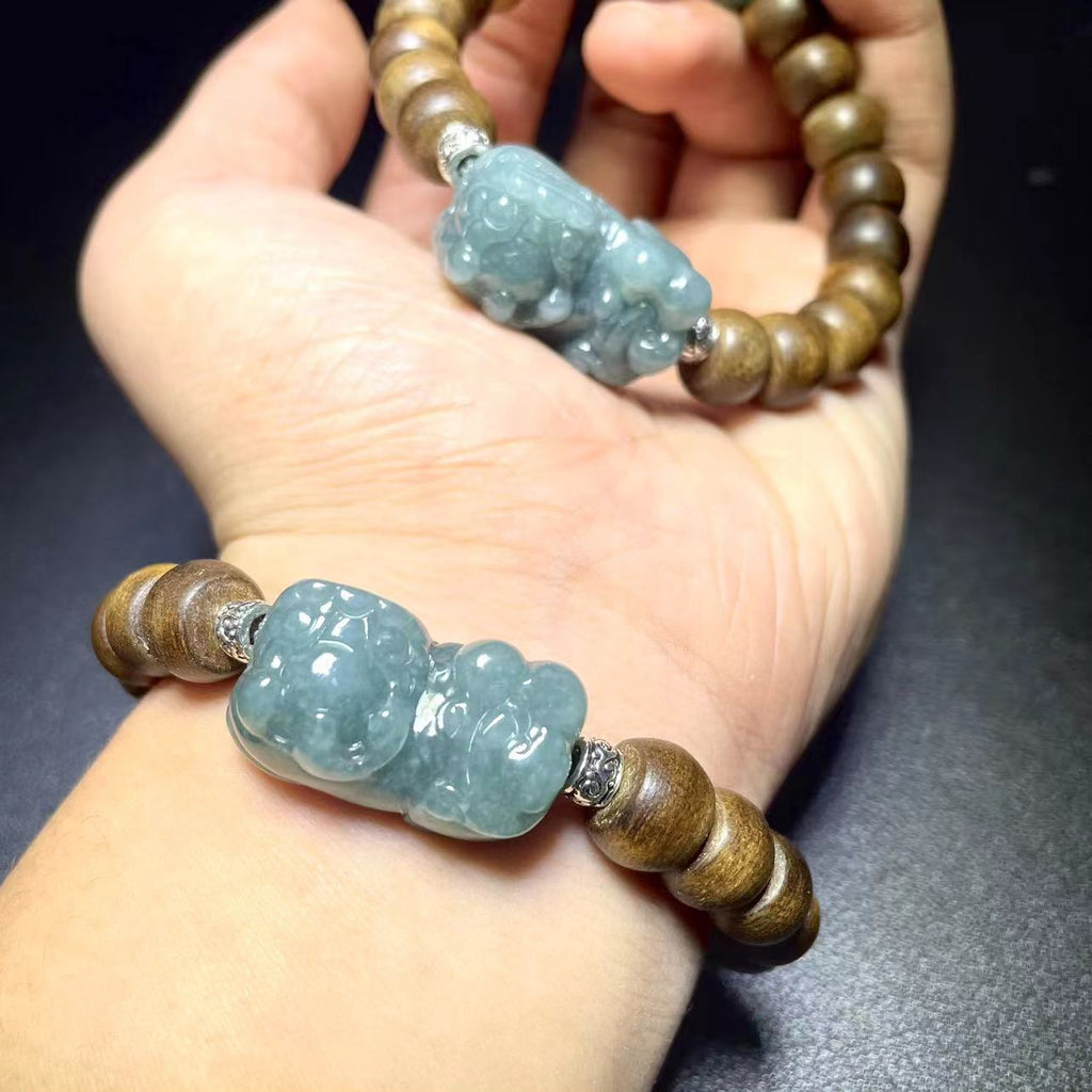 Blue Water Jadeite PiXiu with Agarwood beaded Bracelet – Positive Energy Infused Jewelry /Agalloch/Gift for Christmas