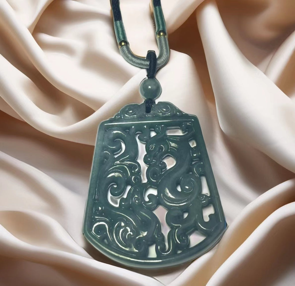 Exquisite Natural Blue Water Jadeite Dragon and Phoenix Pendant - Hand Carved Hollow Design