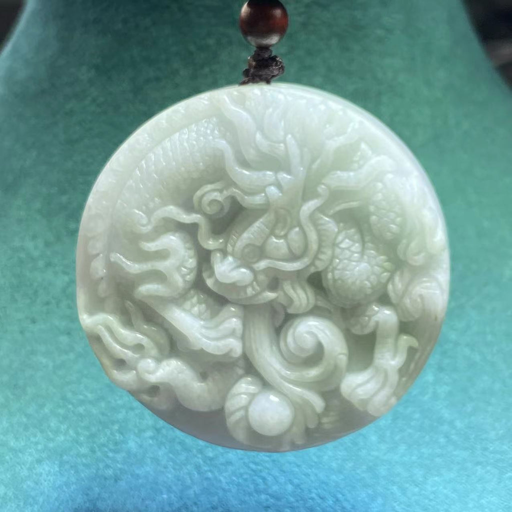 Jade Dragon Pendant Two Sided Carved Natural Jadeite Charm Pendant Necklace