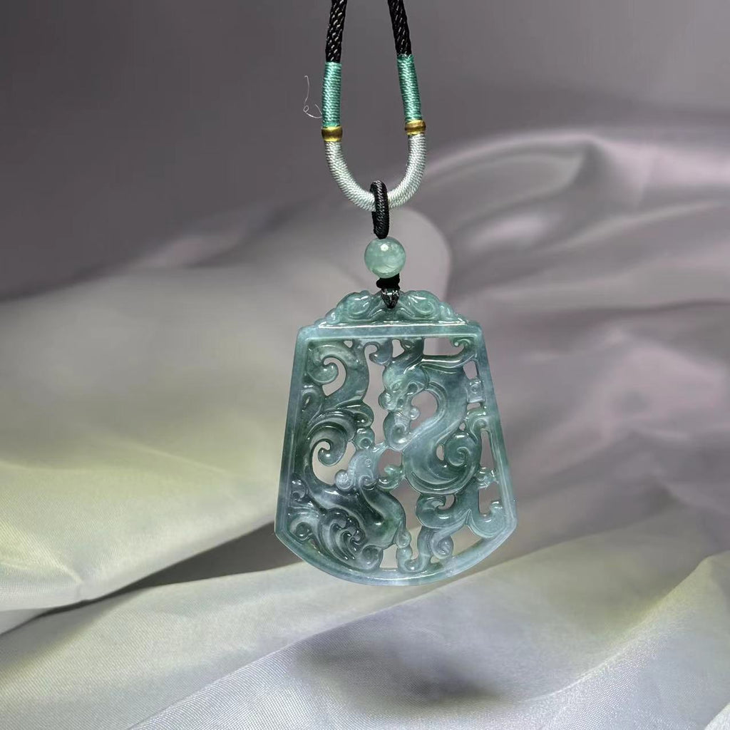 Exquisite Natural Blue Water Jadeite Dragon and Phoenix Pendant - Hand Carved Hollow Design