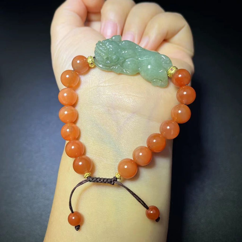 Natural Jadeite Pixiu Bracelet With Nanhong Agate Stone Round Beads/DIY/ A Class Burma Jade / Gift for Christmas