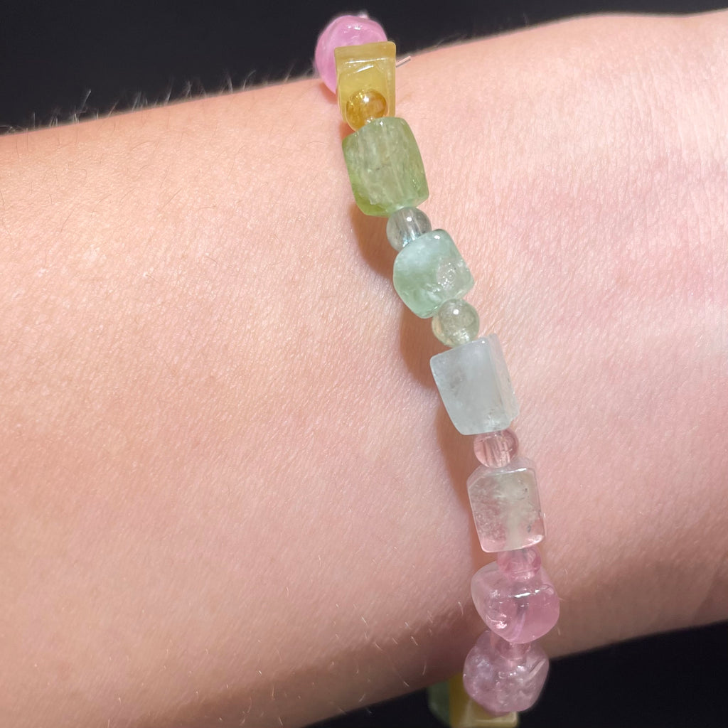 Rainbow Tourmaline natural tumbled nugget beads square rectangle shape stretch bracelet  green blue yellow crystal