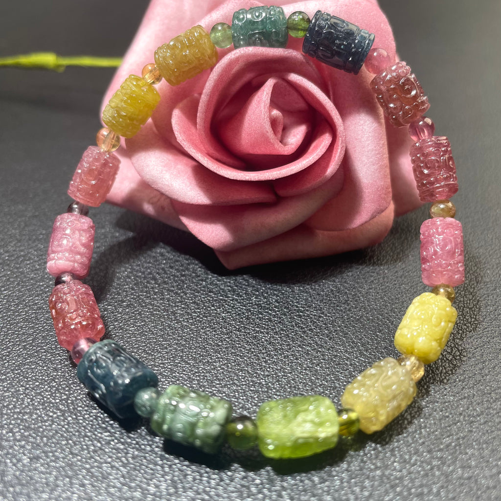 Natural tourmaline lucky cloud carving bracelet, rainbow candy colored gemstone jewelry
