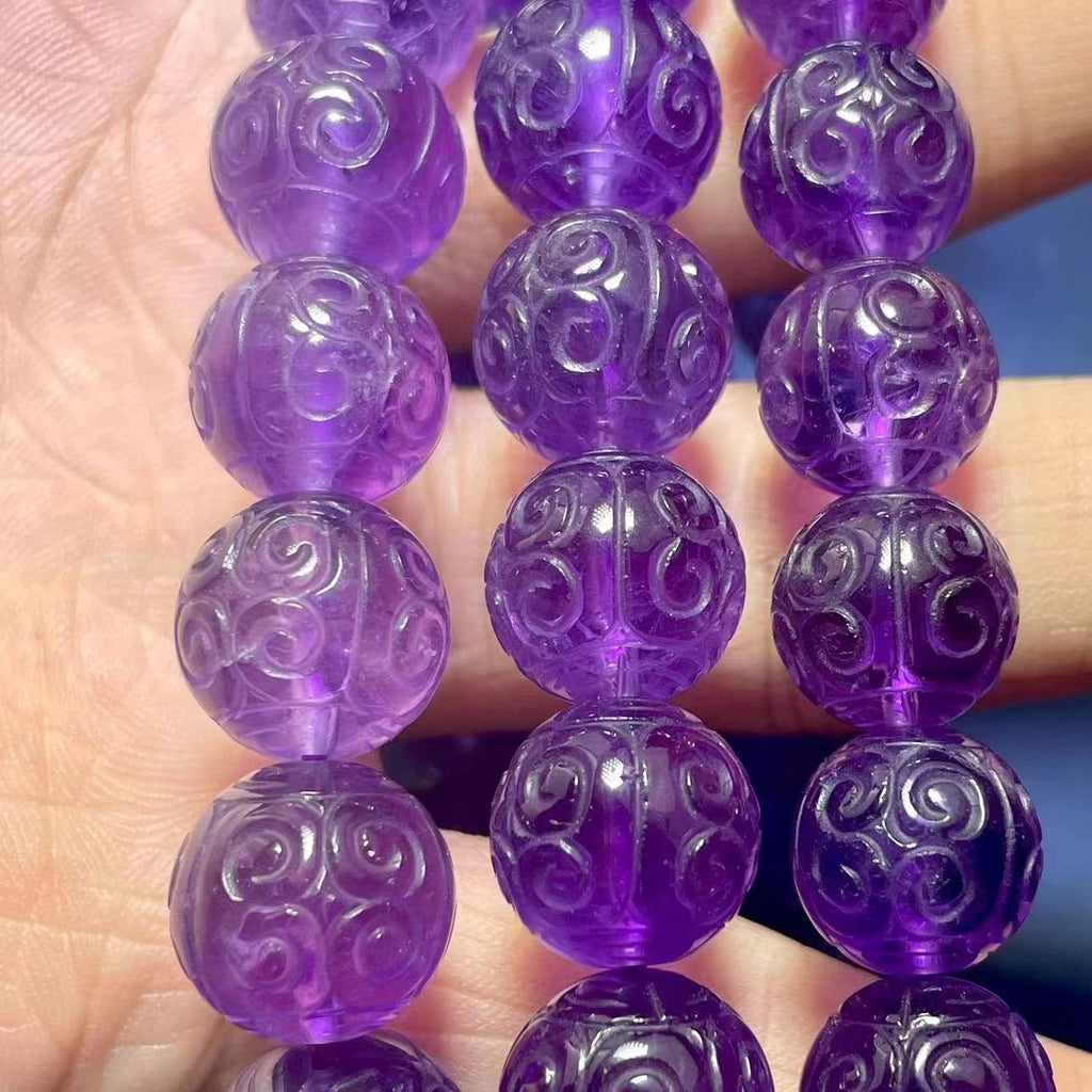 Amethyst Fret Bead Bracelet 10 mm Round Luck Cloud Carved Charm Beads crystal healing natural stone February birthstone gemstone jewellery