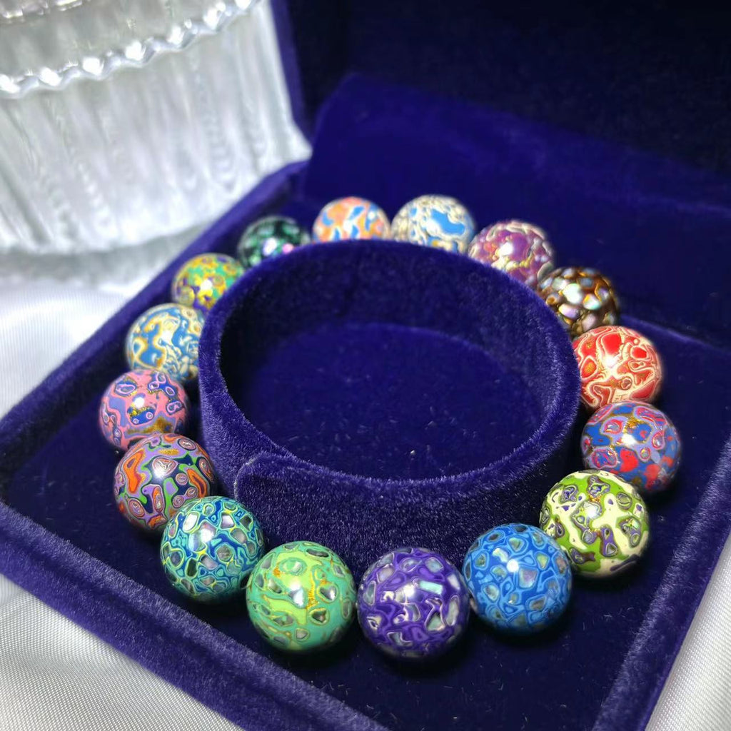 12mm Hand Painted Polychrome Wood Lacquer Beaded Bracelet - Perfect Christmas Gift, Honoring World Intangible Cultural Heritage