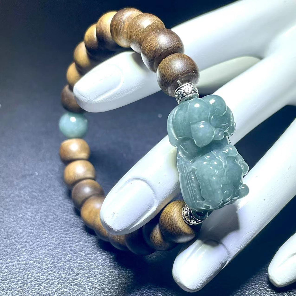 Blue Water Jadeite PiXiu with Agarwood beaded Bracelet – Positive Energy Infused Jewelry /Agalloch/Gift for Christmas