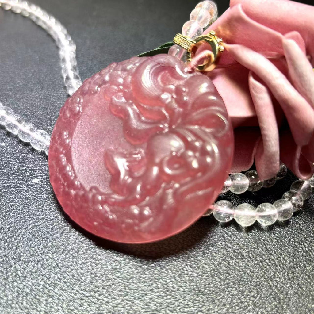 Strawberry Nine-tail Fox Magic Pendant with Rose Quartz and Strawberry Quartz Beaded Chain Necklace Gift for Her, Gift for Christmas