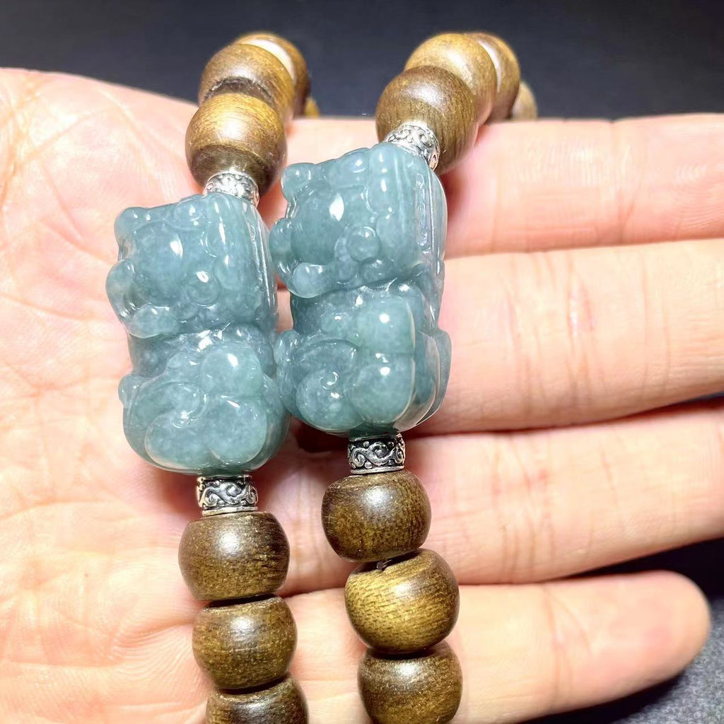 Blue Water Jadeite PiXiu with Agarwood beaded Bracelet – Positive Energy Infused Jewelry /Agalloch/Gift for Christmas